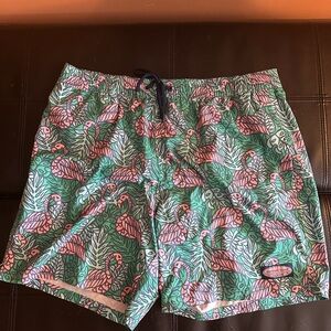 Vineyard Vines Green and Pink Swim Trunks Tropical Flamingo Pattern